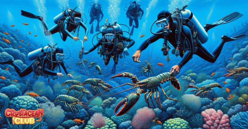 Illustration of divers catching spiny lobsters during lobster season in Florida